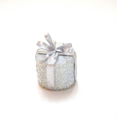 3" Round Gift Box White with Glitter and Silver Ribbon